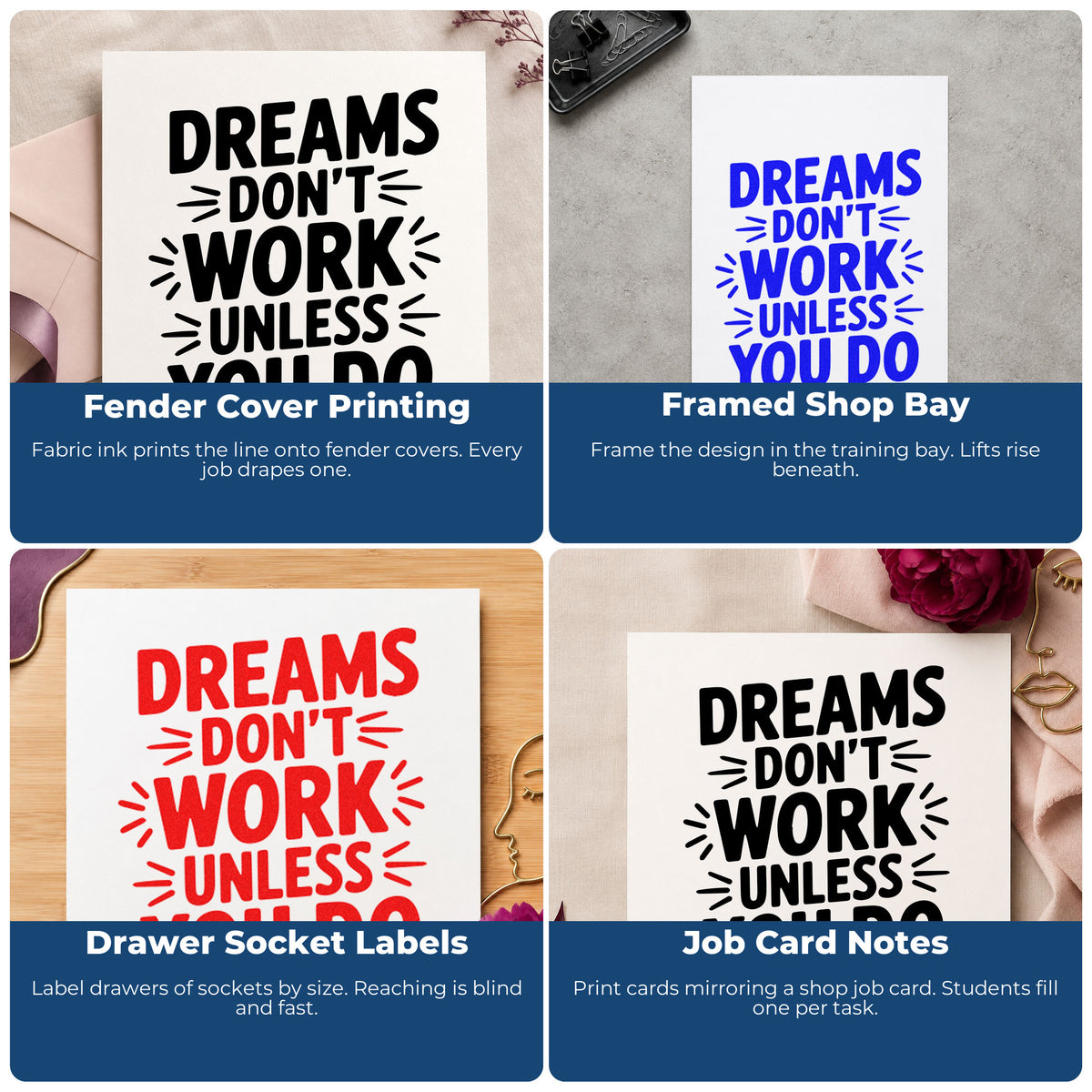 Four ways to use the Wood Handle Dreams Do Not Work Rubber Stamp: fender cover printing, framed shop bay, drawer socket labels and job card notes.
