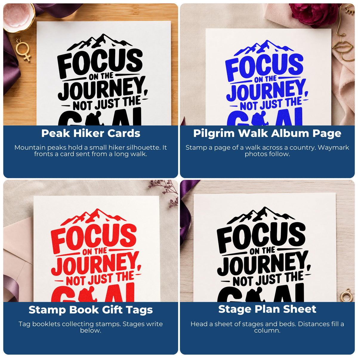 Four ways to use the Duo Hand Focus Journey Hiker Mountains Rubber Stamp: peak hiker cards, pilgrim walk album page, stamp book gift tags and stage plan sheet.