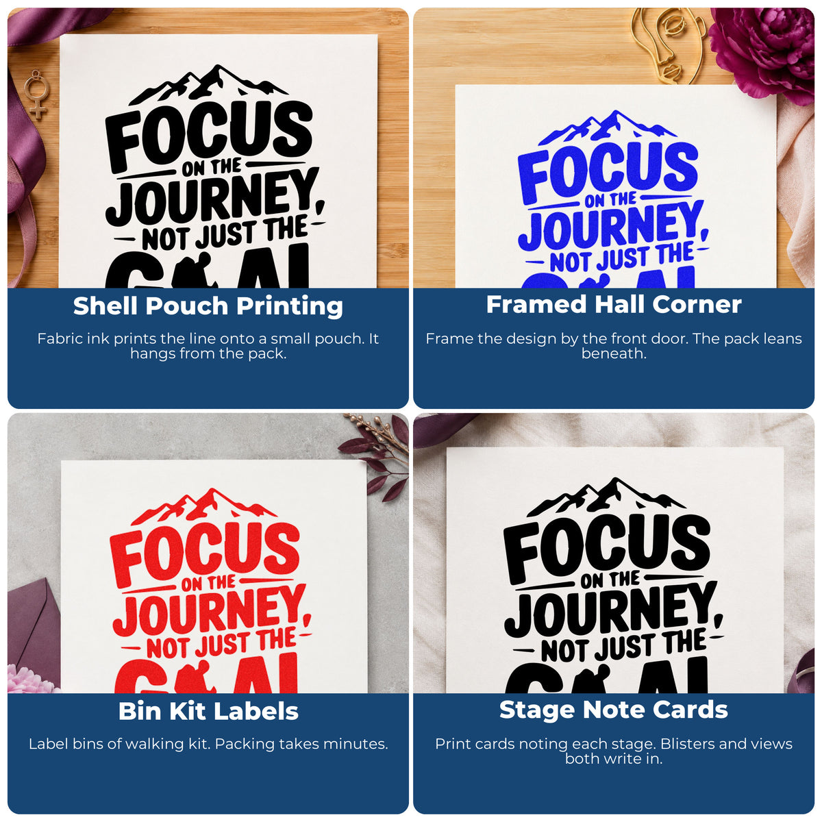 Four ways to use the Duo Hand Focus Journey Hiker Mountains Rubber Stamp: shell pouch printing, framed hall corner, bin kit labels and stage note cards.