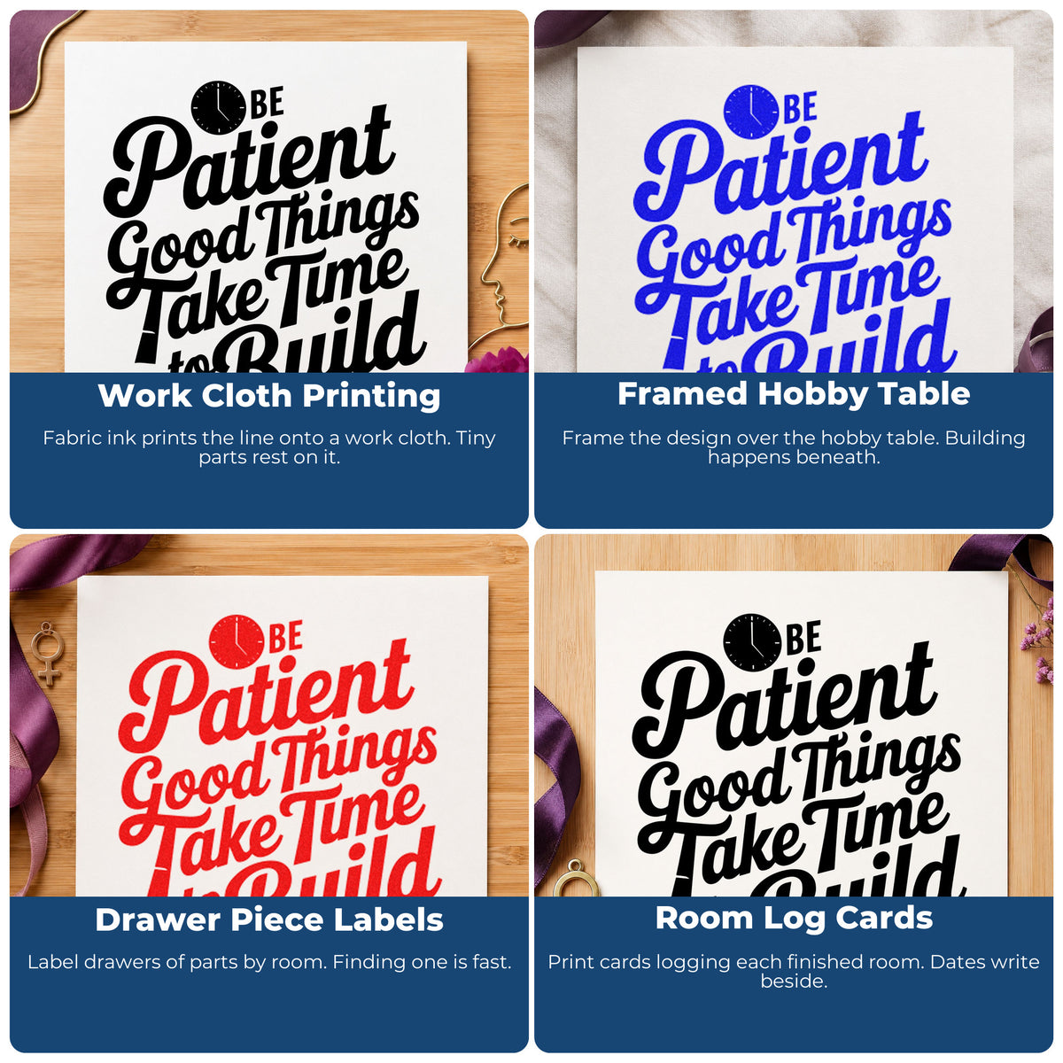 Four ways to use the Be Patient Good Things Premium Wooden Stamp - Vintage Pro: work cloth printing, framed hobby table, drawer piece labels and room log cards.