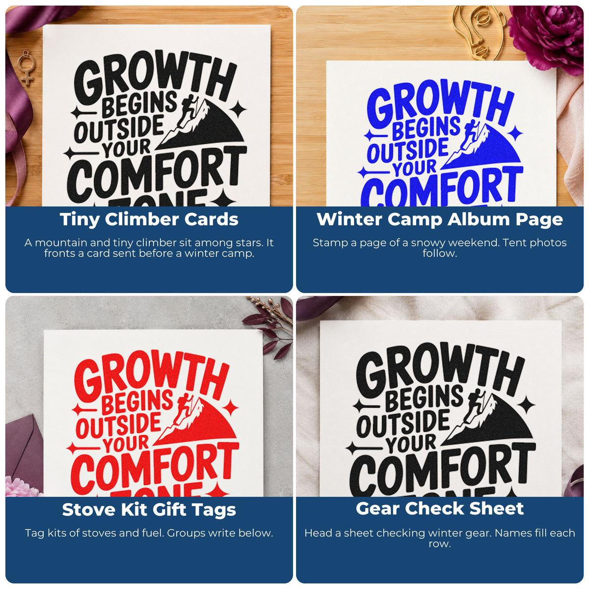 Four ways to use the Growth Comfort Zone Climber Premium Wood-Mounted Stamp - Vintage Pro: tiny climber cards, winter camp album page, stove kit gift tags and gear check sheet.