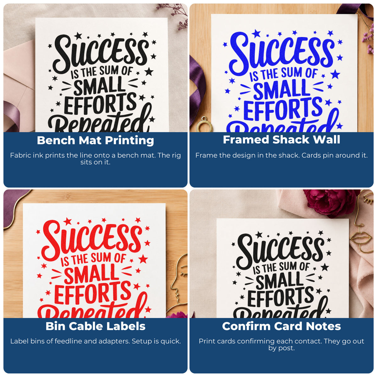 Four ways to use the Duo Hand Success Is The Sum Of Small Efforts Repeated Rubber Stamp: bench mat printing, framed shack wall, bin cable labels and confirm card notes.