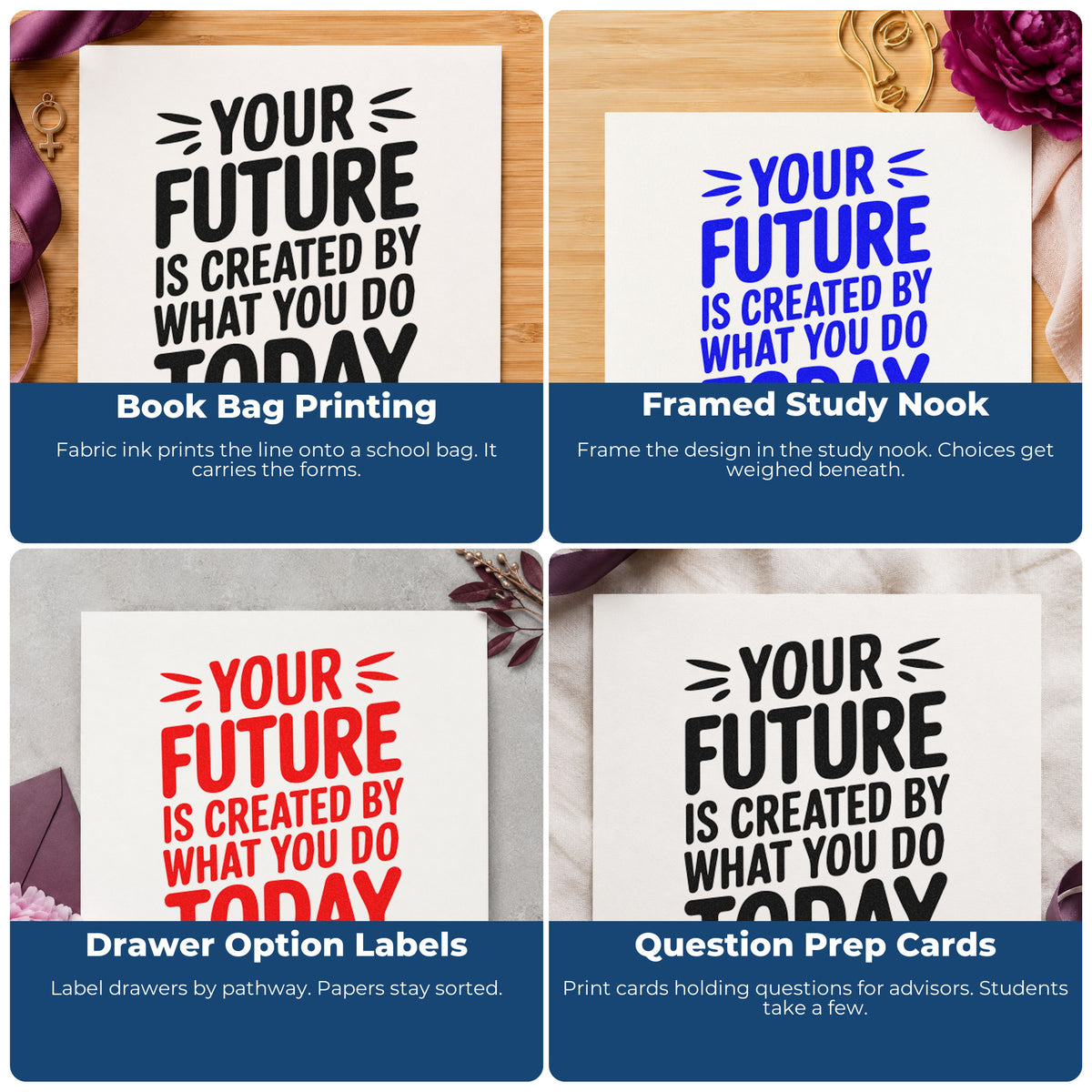 Four ways to use the Your Future Created Today Stamp – Self-Inking: book bag printing, framed study nook, drawer option labels and question prep cards.