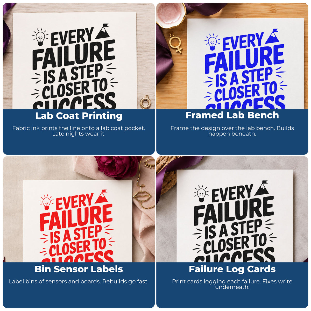 Four ways to use the Every Failure Is A Step Closer To Success Self-Inking Stamp: lab coat printing, framed lab bench, bin sensor labels and failure log cards.
