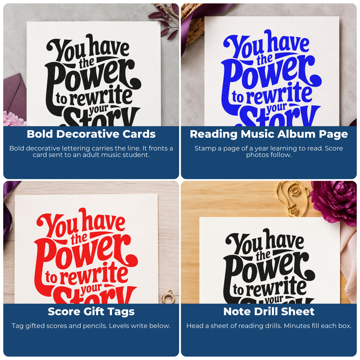 Four ways to use the Power Rewrite Your Story Hand Stamp – Duo: bold decorative cards, reading music album page, score gift tags and note drill sheet.