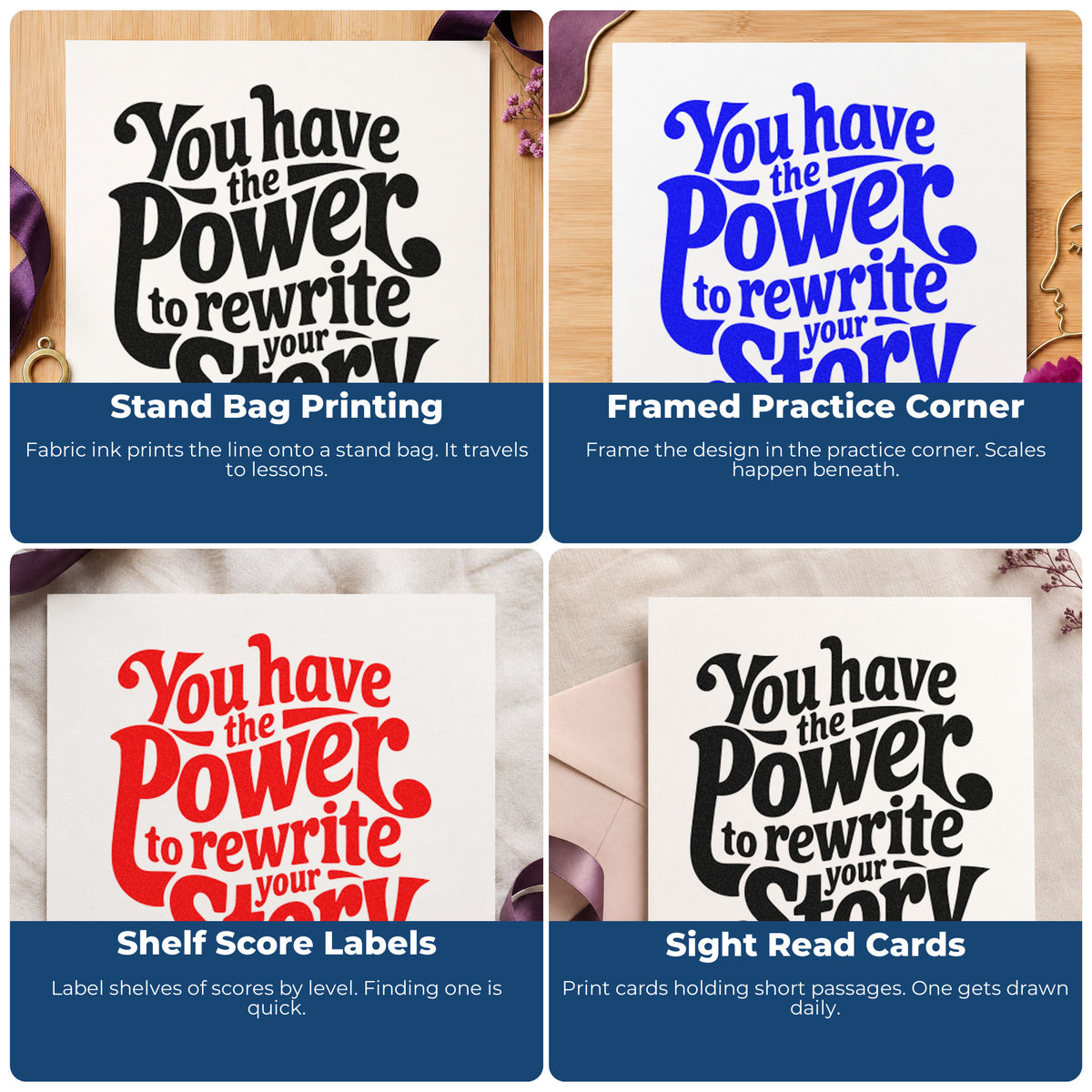 Four ways to use the Power Rewrite Your Story Craft Stamp – Self-Inking: stand bag printing, framed practice corner, shelf score labels and sight read cards.
