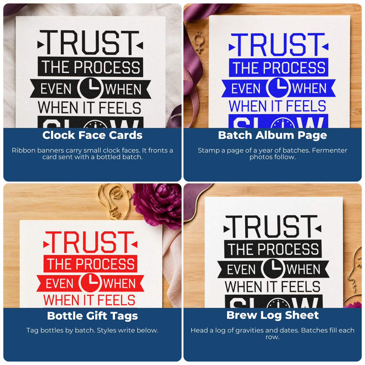 Four ways to use the Trust Process Slow Clocks Rubber Stamp – Wood Handle: clock face cards, batch album page, bottle gift tags and brew log sheet.