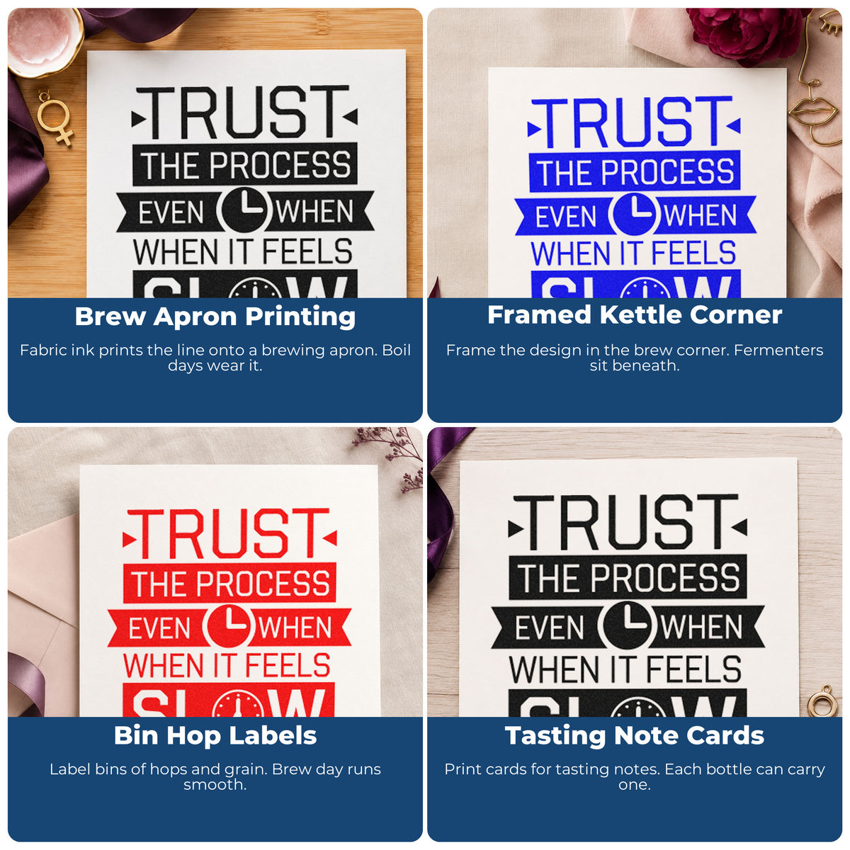 Four ways to use the Trust Process Slow Clocks Rubber Stamp – Wood Handle: brew apron printing, framed kettle corner, bin hop labels and tasting note cards.