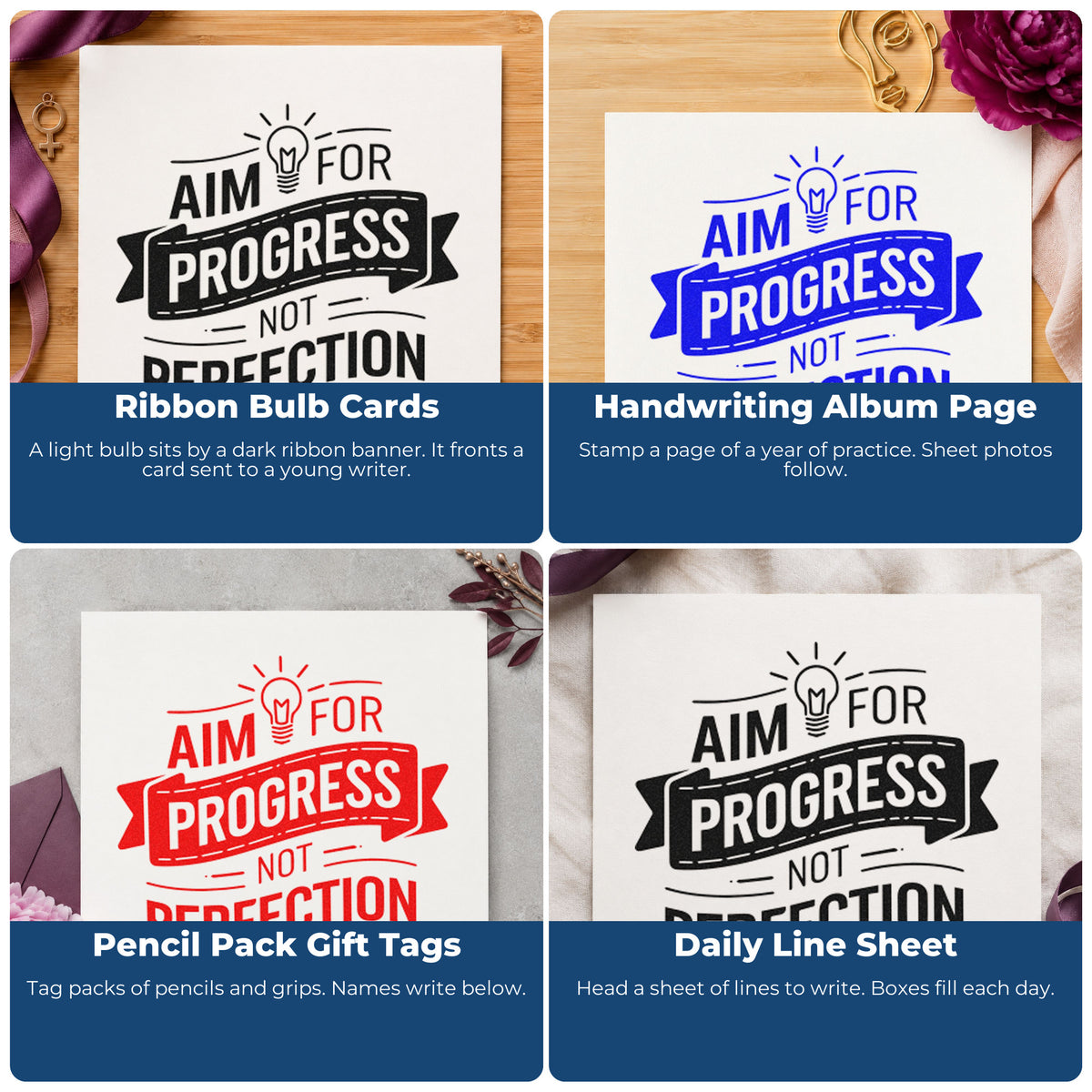 Four ways to use the Aim For Progress Not Perfection Stamp – Duo Hand: ribbon bulb cards, handwriting album page, pencil pack gift tags and daily line sheet.