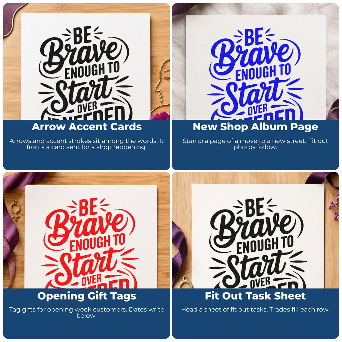 Four ways to use the Pre-Inked Be Brave Start Over Stamp – PSI: arrow accent cards, new shop album page, opening gift tags and fit out task sheet.