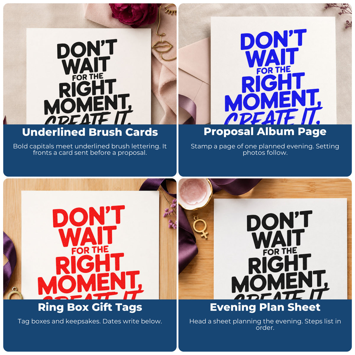 Four ways to use the Create The Right Moment Duo Hand Stamp: underlined brush cards, proposal album page, ring box gift tags and evening plan sheet.