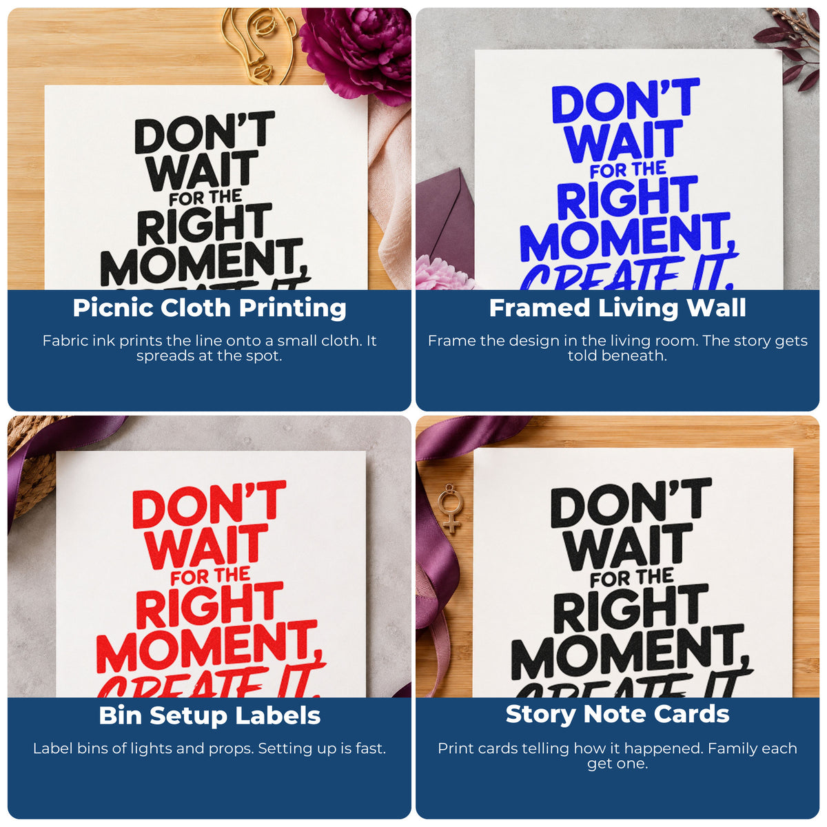 Four ways to use the Create The Right Moment Rubber Stamp – Wood Handle: picnic cloth printing, framed living wall, bin setup labels and story note cards.