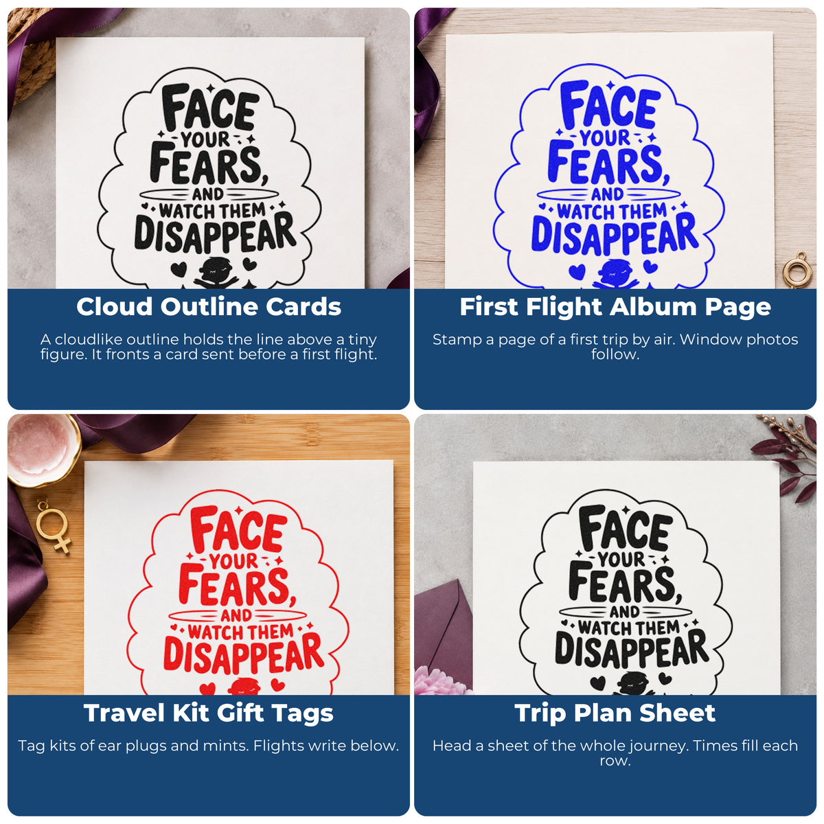 Four ways to use the Face Fears Watch Disappear Pre-Inked Stamp – Slim: cloud outline cards, first flight album page, travel kit gift tags and trip plan sheet.