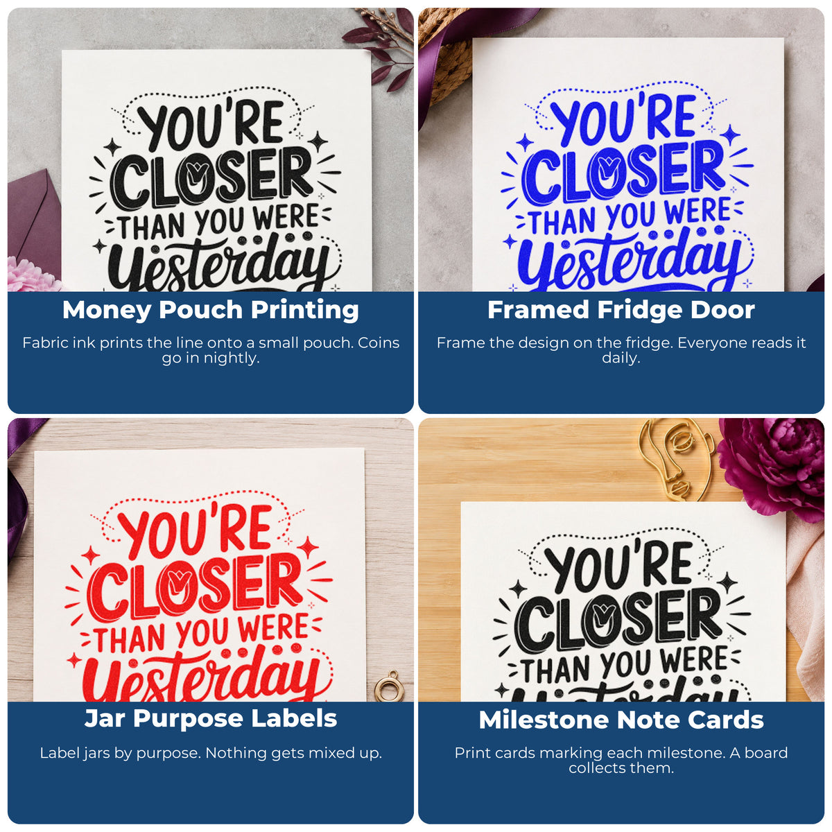 Four ways to use the You're Closer Than You Were Yesterday Rubber Stamp – Wood Handle: money pouch printing, framed fridge door, jar purpose labels and milestone note cards.