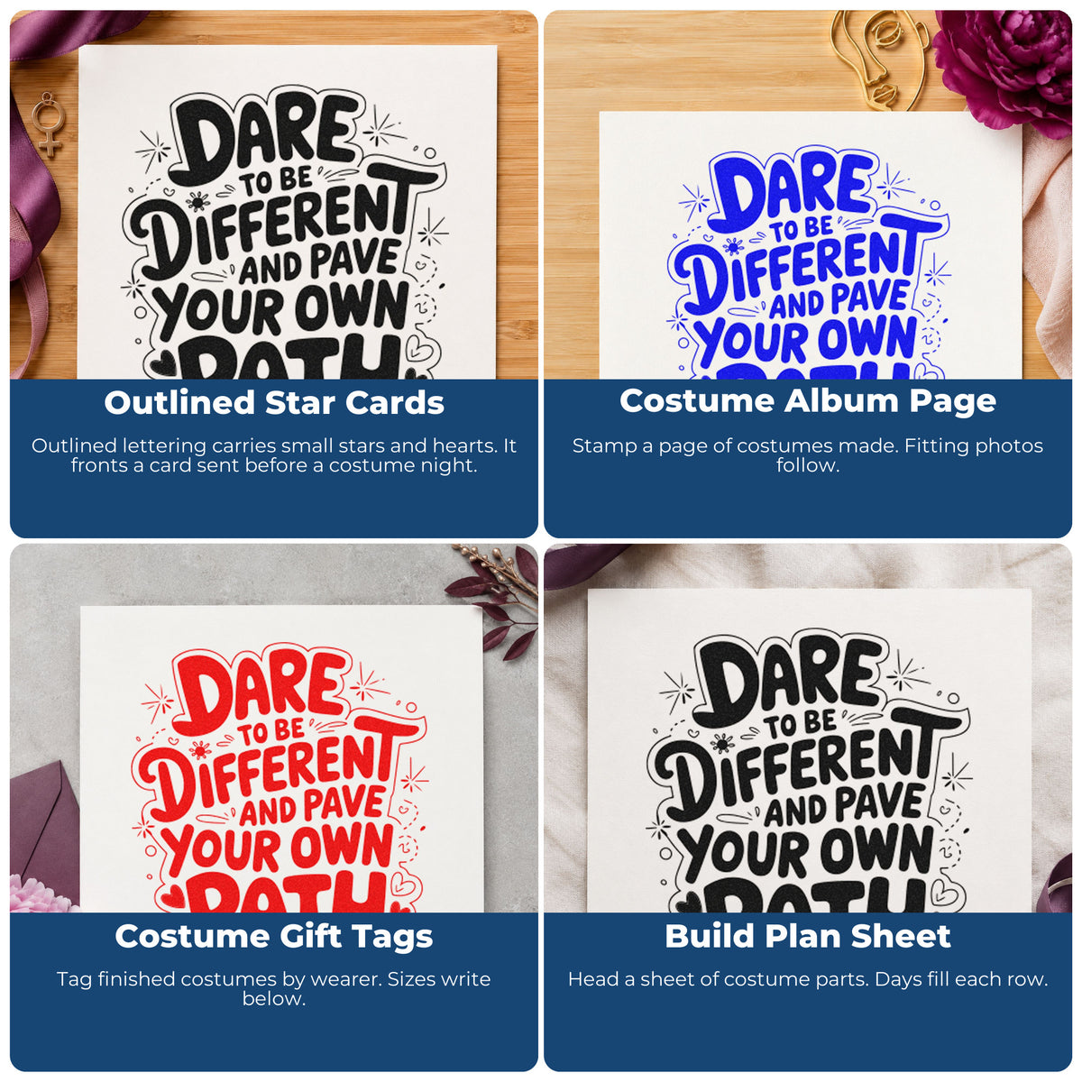 Four ways to use the Dare Different Own Path Rubber Stamp – Duo Hand: outlined star cards, costume album page, costume gift tags and build plan sheet.