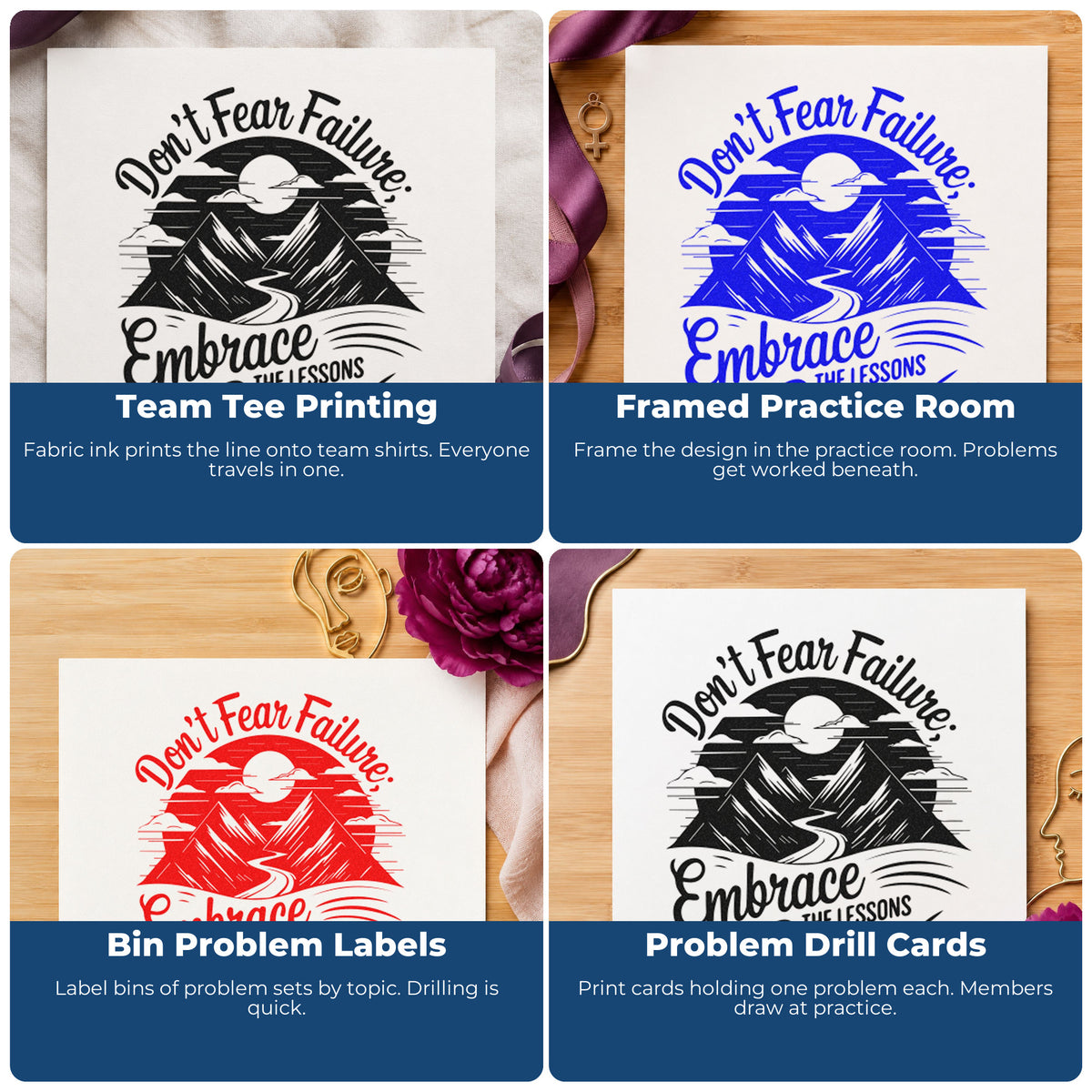 Four ways to use the Embrace Lessons Failure Mountains Wood Handle Stamp: team tee printing, framed practice room, bin problem labels and problem drill cards.