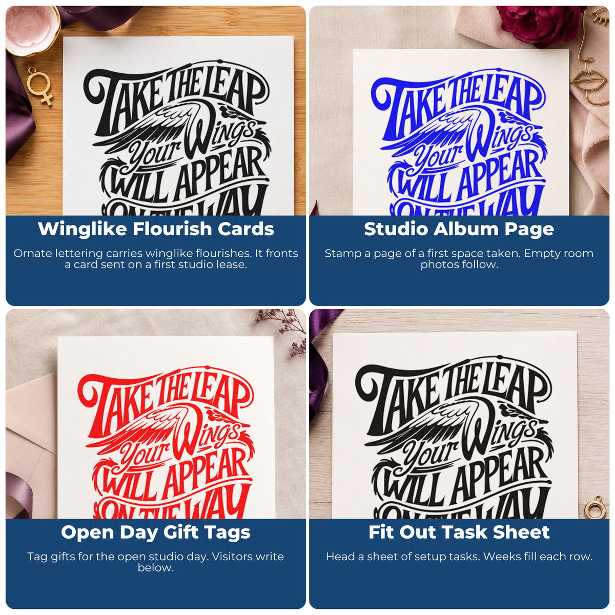 Four ways to use the Pre-Inked Take Leap Wings Appear Stamp – PSI: winglike flourish cards, studio album page, open day gift tags and fit out task sheet.