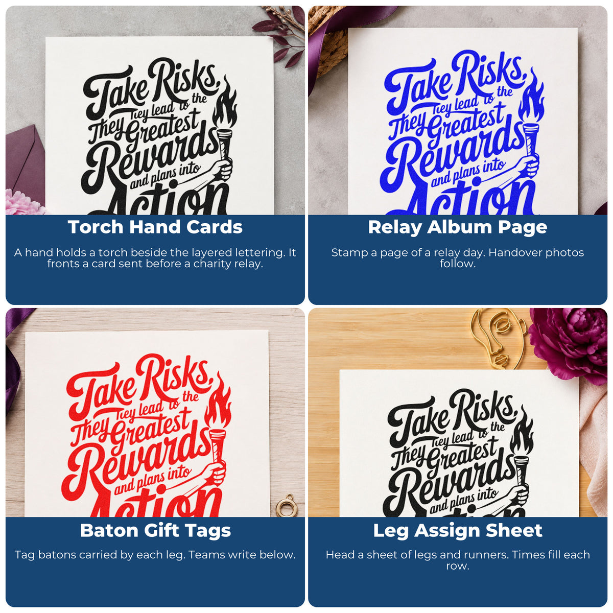 Four ways to use the PSI Pre-Inked Torch And Greatest Rewards Word Art Stamp: torch hand cards, relay album page, baton gift tags and leg assign sheet.