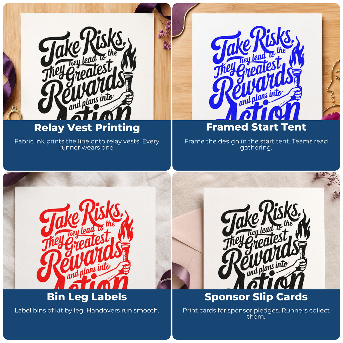 Four ways to use the PSI Pre-Inked Torch And Greatest Rewards Word Art Stamp: relay vest printing, framed start tent, bin leg labels and sponsor slip cards.