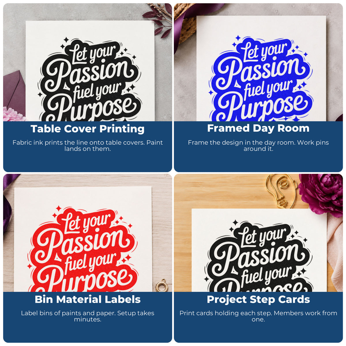 Four ways to use the Wood Handle Passion Fuel Your Purpose Rubber Stamp: table cover printing, framed day room, bin material labels and project step cards.