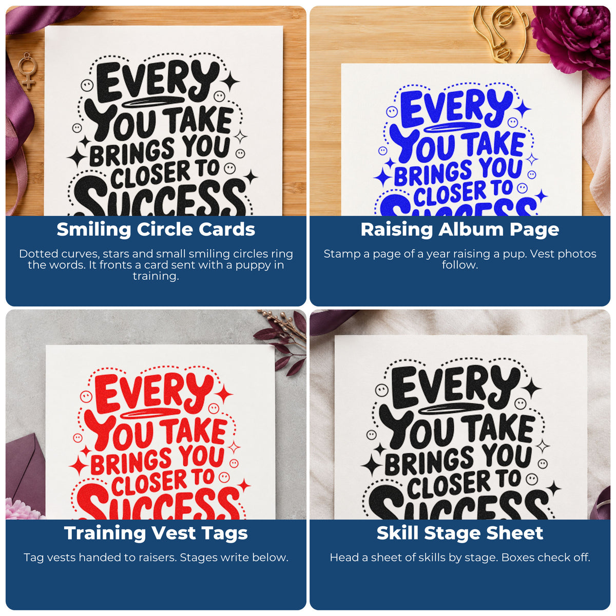 Four ways to use the Smiling Circles With Success Lettering Stamp – PSI Pre-Inked: smiling circle cards, raising album page, training vest tags and skill stage sheet.