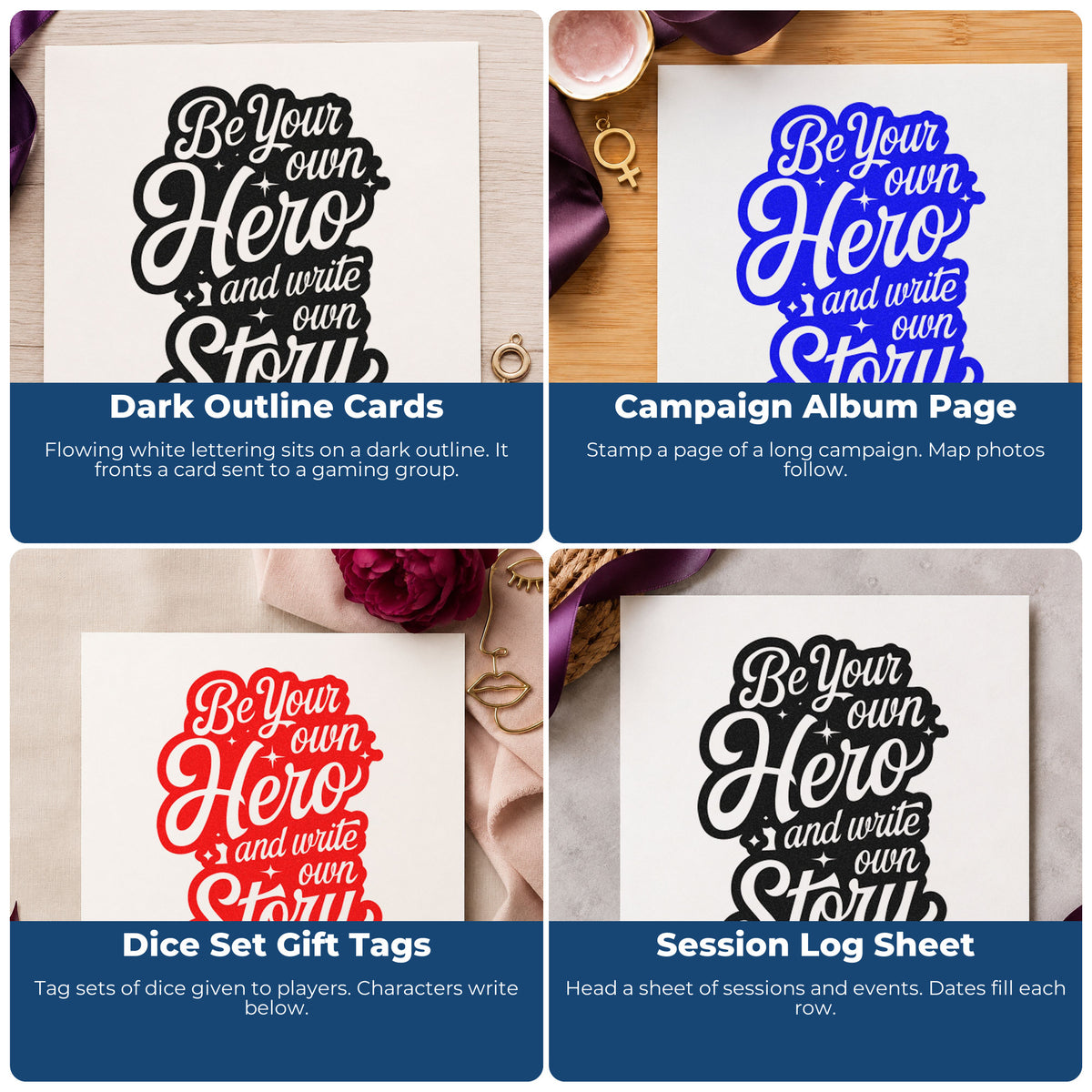 Four ways to use the Own Hero Own Story Stamp – Slim Pre-Inked: dark outline cards, campaign album page, dice set gift tags and session log sheet.