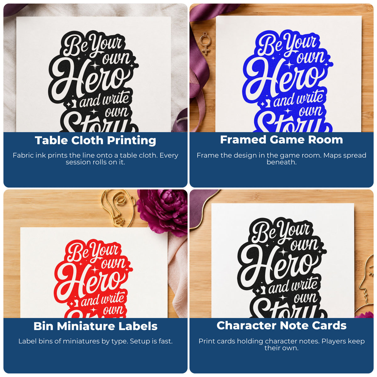 Four ways to use the Own Hero Own Story Hand Stamp – Duo: table cloth printing, framed game room, bin miniature labels and character note cards.