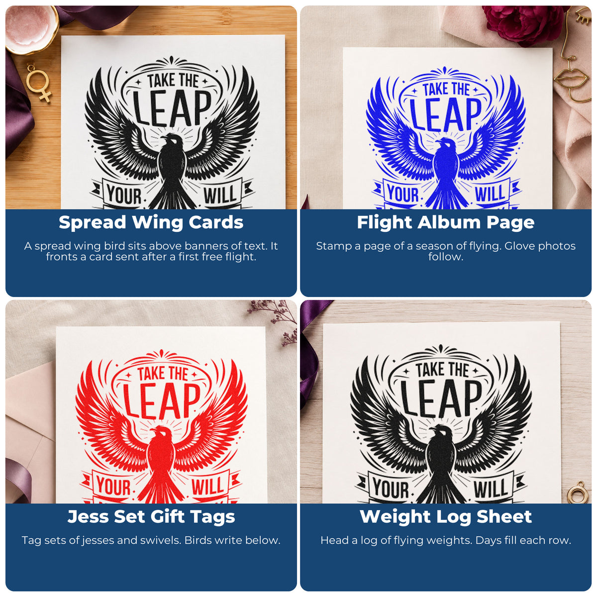 Four ways to use the Spread-Wing Bird With Take The Leap Self-Inking Stamp: spread wing cards, flight album page, jess set gift tags and weight log sheet.
