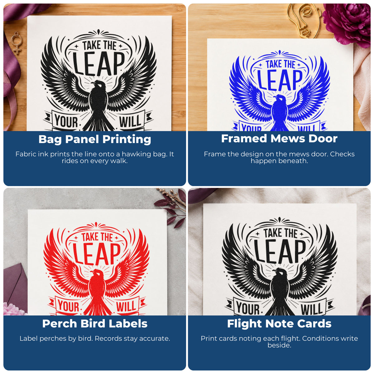 Four ways to use the Spread-Wing Bird With Take The Leap Self-Inking Stamp: bag panel printing, framed mews door, perch bird labels and flight note cards.