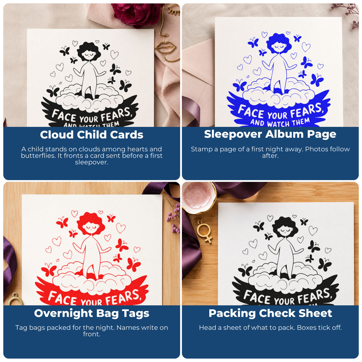 Four ways to use the Face Fears Floating Child Premium Wood-Mounted Stamp - Vintage Pro: cloud child cards, sleepover album page, overnight bag tags and packing check sheet.
