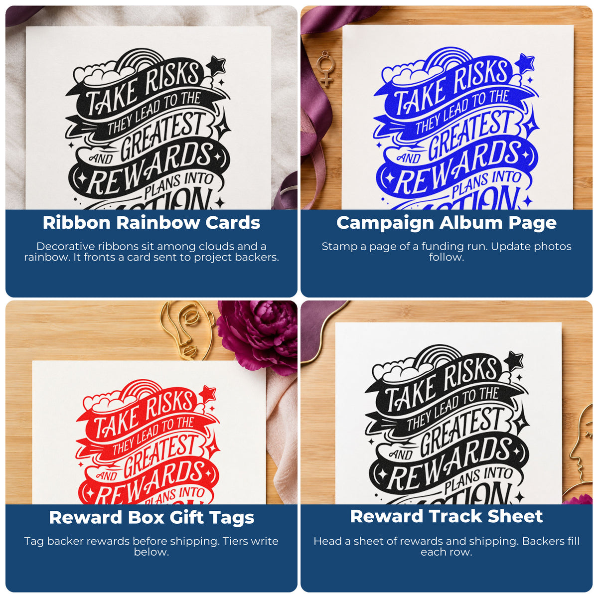 Four ways to use the Clouds And Greatest Rewards Lettering Pre-Inked Stamp – PSI: ribbon rainbow cards, campaign album page, reward box gift tags and reward track sheet.