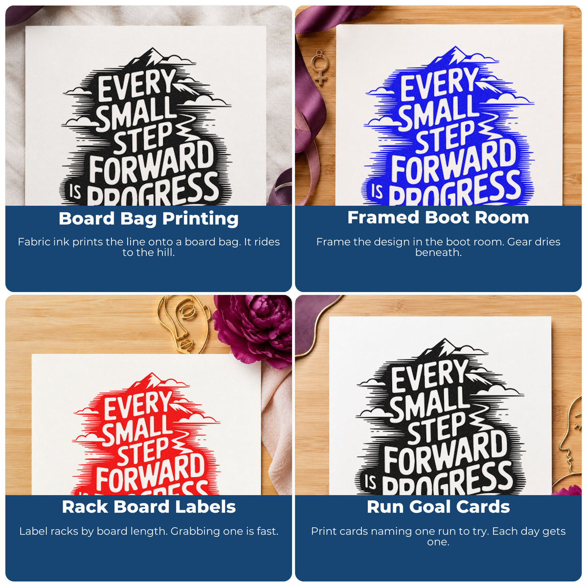 Four ways to use the Every Small Step Forward Is Progress Pre-Inked Stamp – PSI: board bag printing, framed boot room, rack board labels and run goal cards.