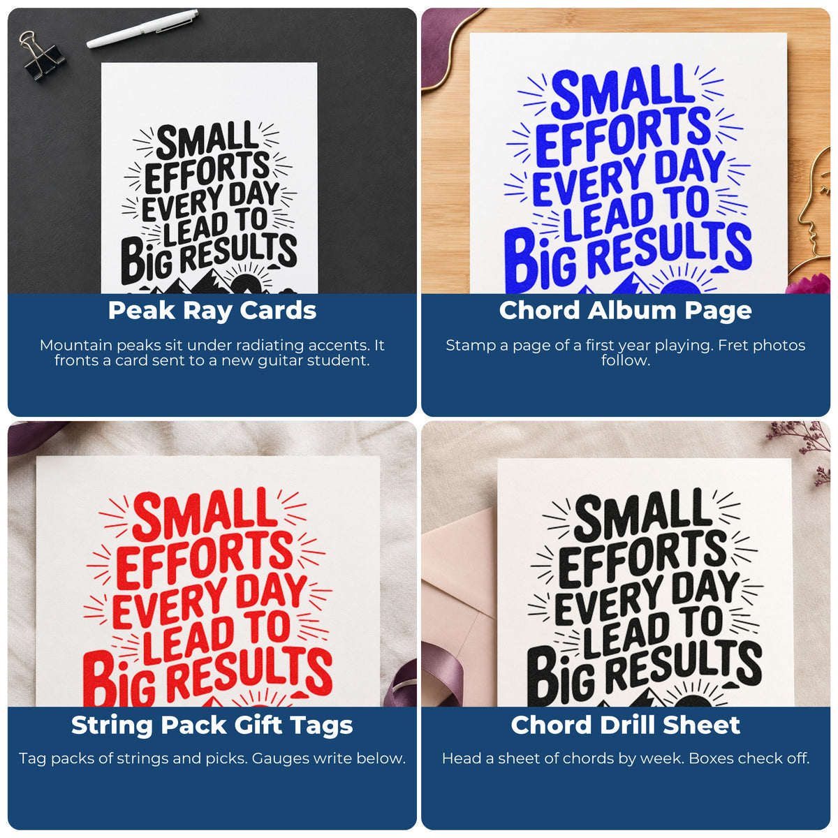 Four ways to use the Small Efforts Big Results Rubber Stamp – Wood Handle: peak ray cards, chord album page, string pack gift tags and chord drill sheet.