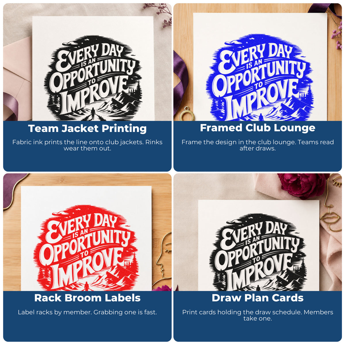 Four ways to use the Every Day Is An Opportunity To Improve Stamp – Wood Handle: team jacket printing, framed club lounge, rack broom labels and draw plan cards.