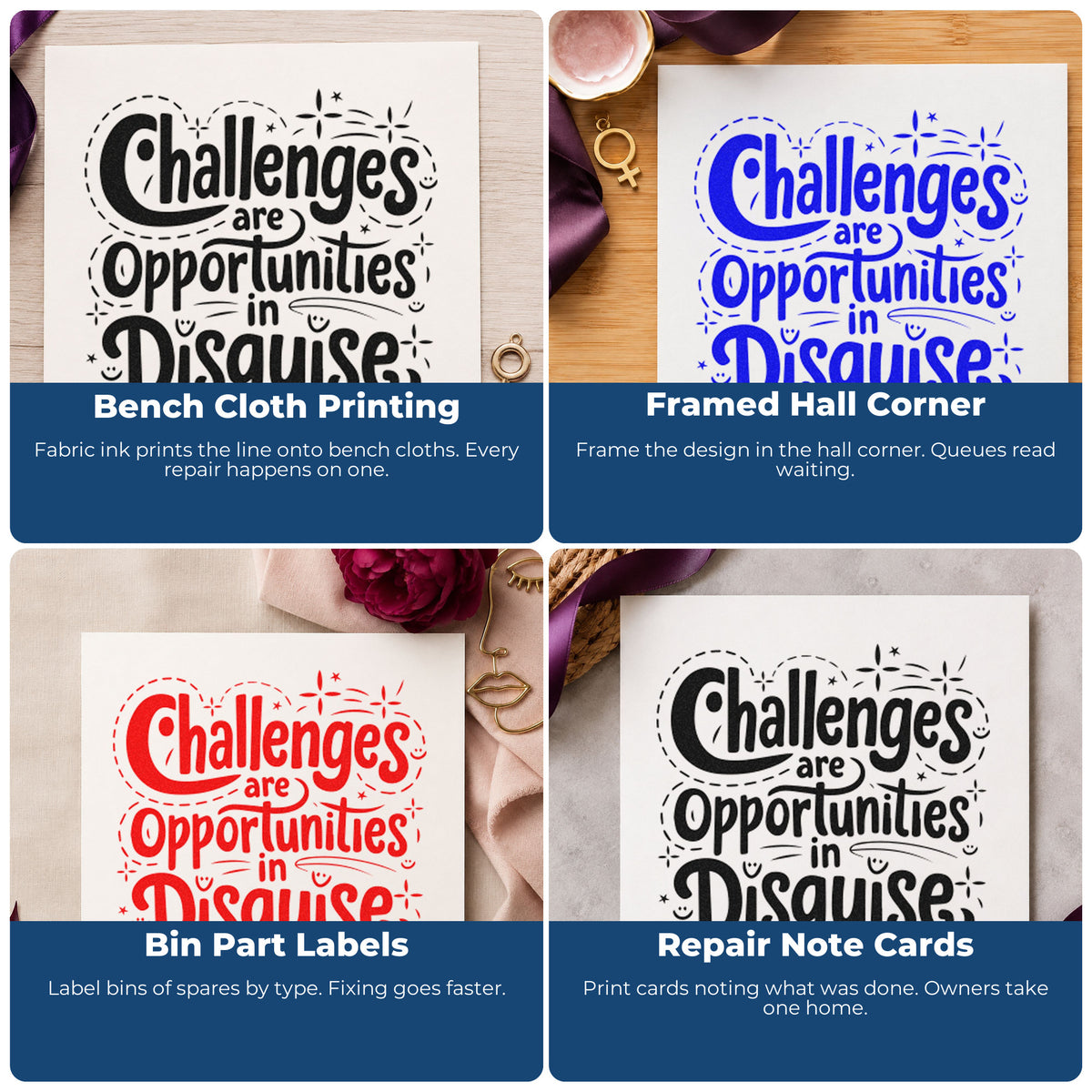 Four ways to use the Challenges Are Opportunities In Disguise Stamp - Premium Vintage Pro Wooden: bench cloth printing, framed hall corner, bin part labels and repair note cards.