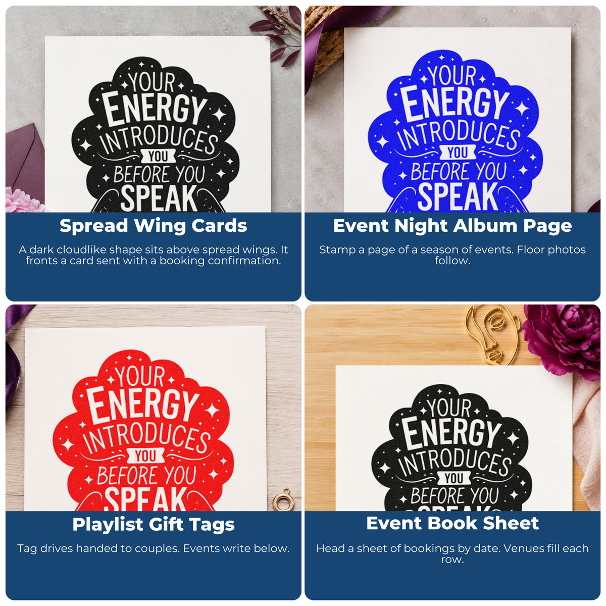 Four ways to use the Energy Introduces Before Speak Pre-Inked Stamp – Slim: spread wing cards, event night album page, playlist gift tags and event book sheet.
