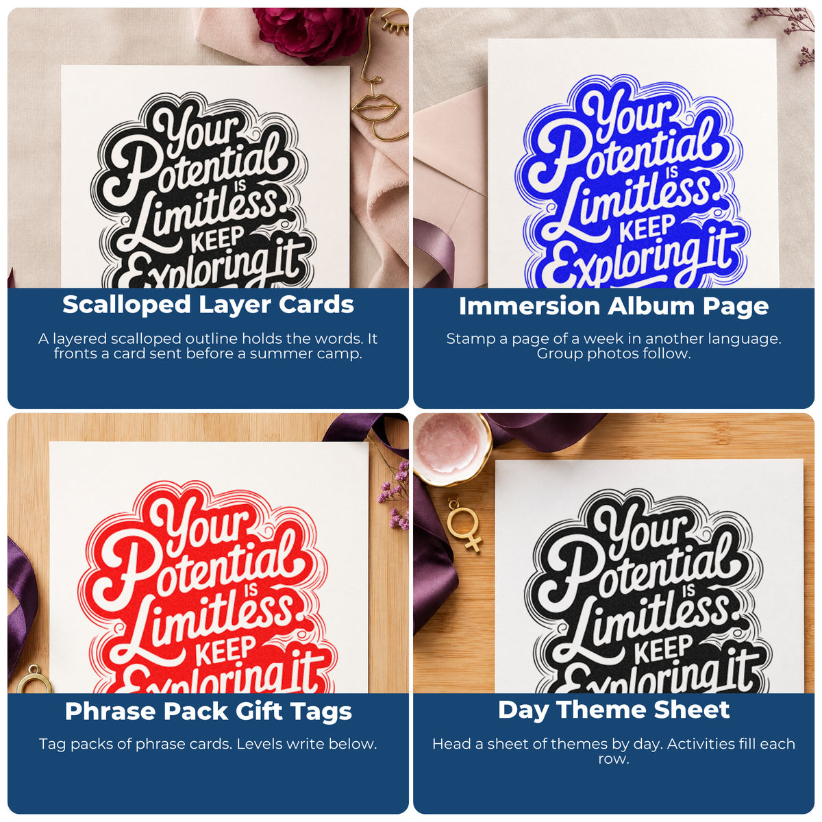 Four ways to use the Your Potential Limitless Explore Outline Detail Stamp – Duo Hand: scalloped layer cards, immersion album page, phrase pack gift tags and day theme sheet.