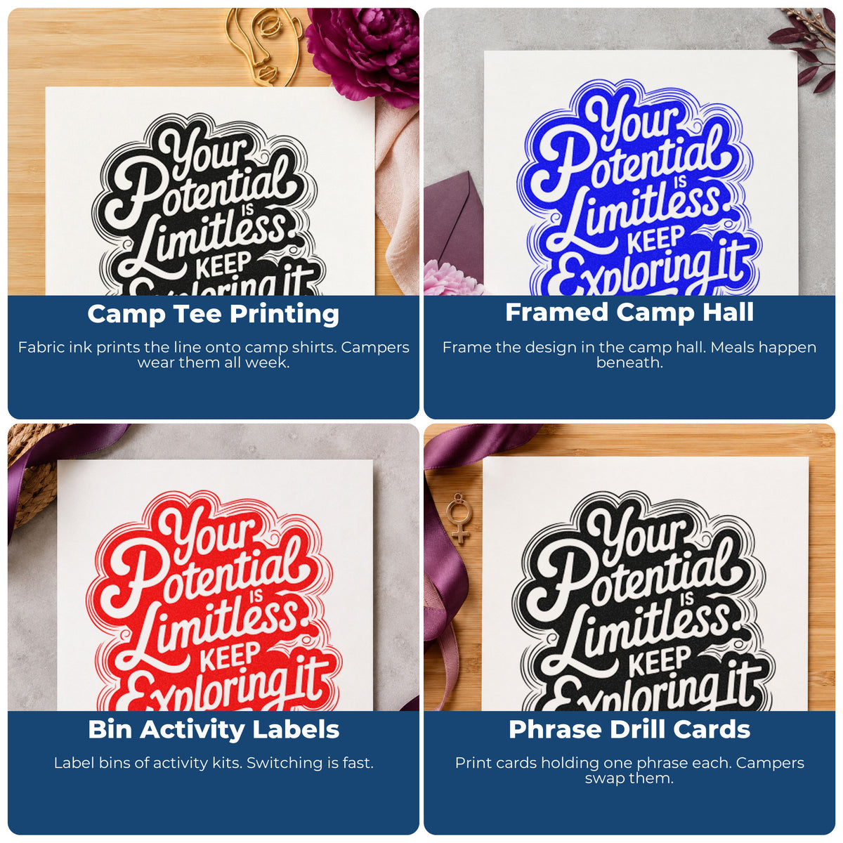 Four ways to use the Your Potential Limitless Explore Outline Detail Rubber Stamp – Wood Handle: camp tee printing, framed camp hall, bin activity labels and phrase drill cards.