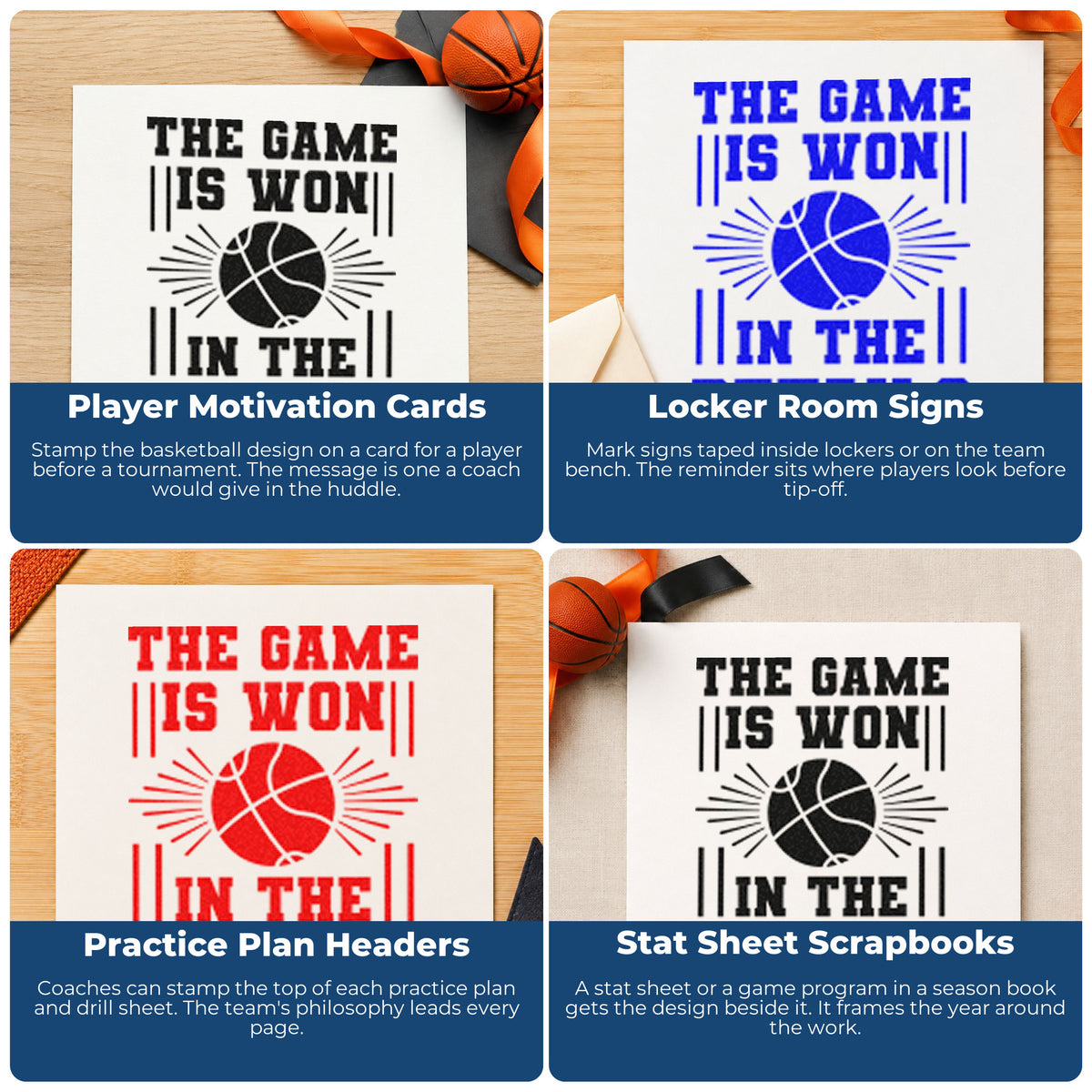 Four ways to use the Game Won In Details Pre-Inked Stamp – Slim: player motivation cards, locker room signs, practice plan headers and stat sheet scrapbooks.