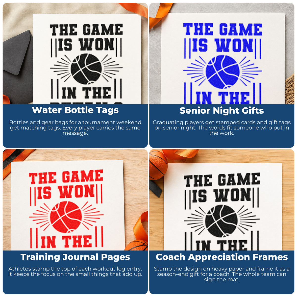 Four ways to use the Game Won In Details Rubber Stamp – Duo Hand: water bottle tags, senior night gifts, training journal pages and coach appreciation frames.