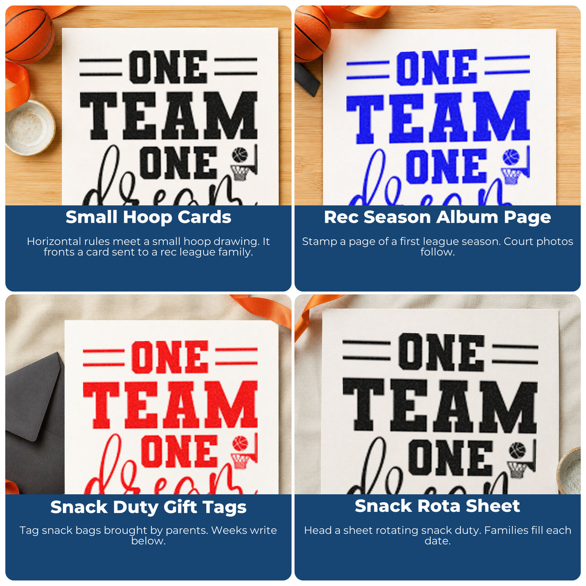 Four ways to use the One Team One Dream Basketball Self-Inking Stamp: small hoop cards, rec season album page, snack duty gift tags and snack rota sheet.