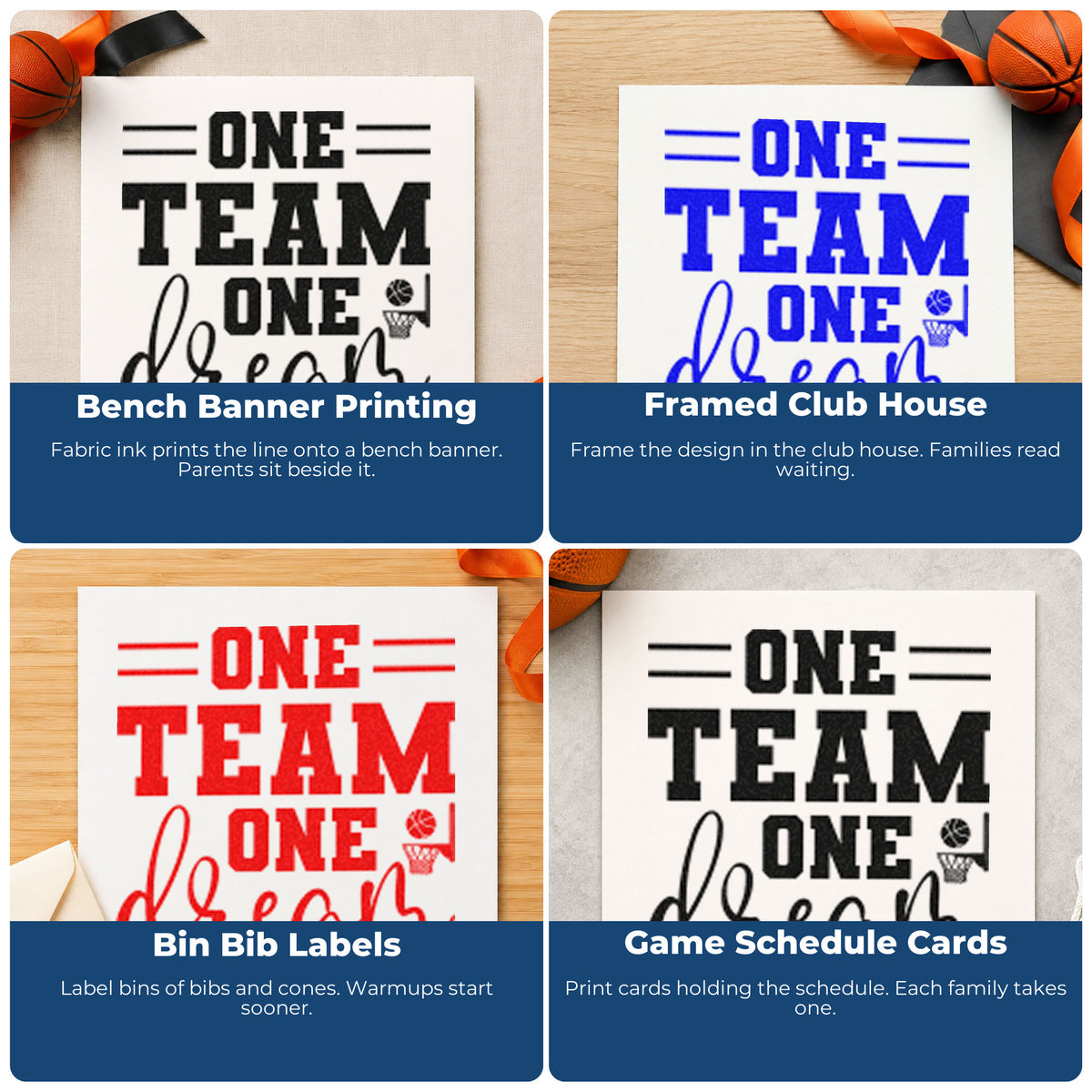 Four ways to use the One Team One Dream Basketball Slim Pre-Inked Stamp: bench banner printing, framed club house, bin bib labels and game schedule cards.