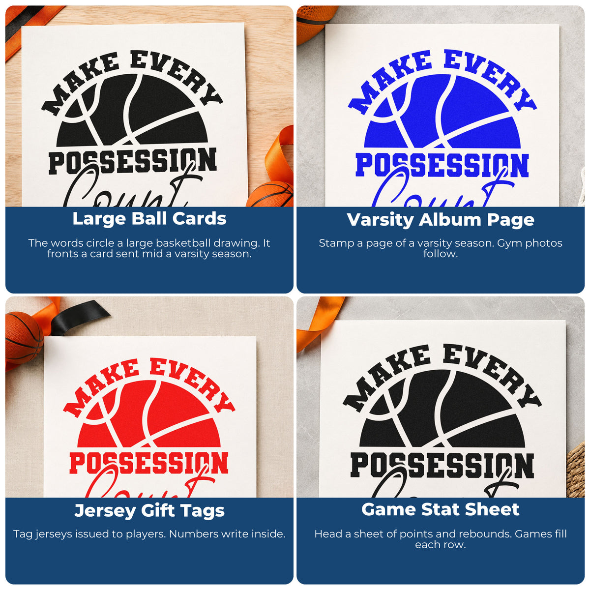 Four ways to use the Make Every Possession Count Stamp – Self-Inking: large ball cards, varsity album page, jersey gift tags and game stat sheet.