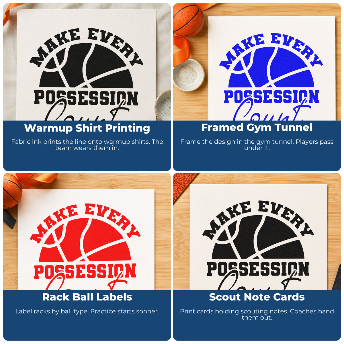 Four ways to use the Make Every Possession Count Premium Wooden Stamp - Vintage Pro: warmup shirt printing, framed gym tunnel, rack ball labels and scout note cards.