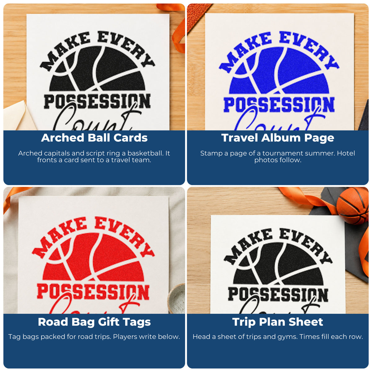 Four ways to use the Every Possession Count Basketball Arch Wood Handle Stamp: arched ball cards, travel album page, road bag gift tags and trip plan sheet.