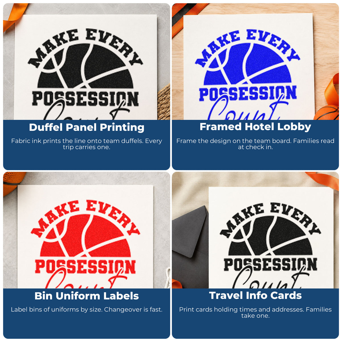 Four ways to use the Every Possession Count Basketball Arch Slim Pre-Inked Stamp: duffel panel printing, framed hotel lobby, bin uniform labels and travel info cards.