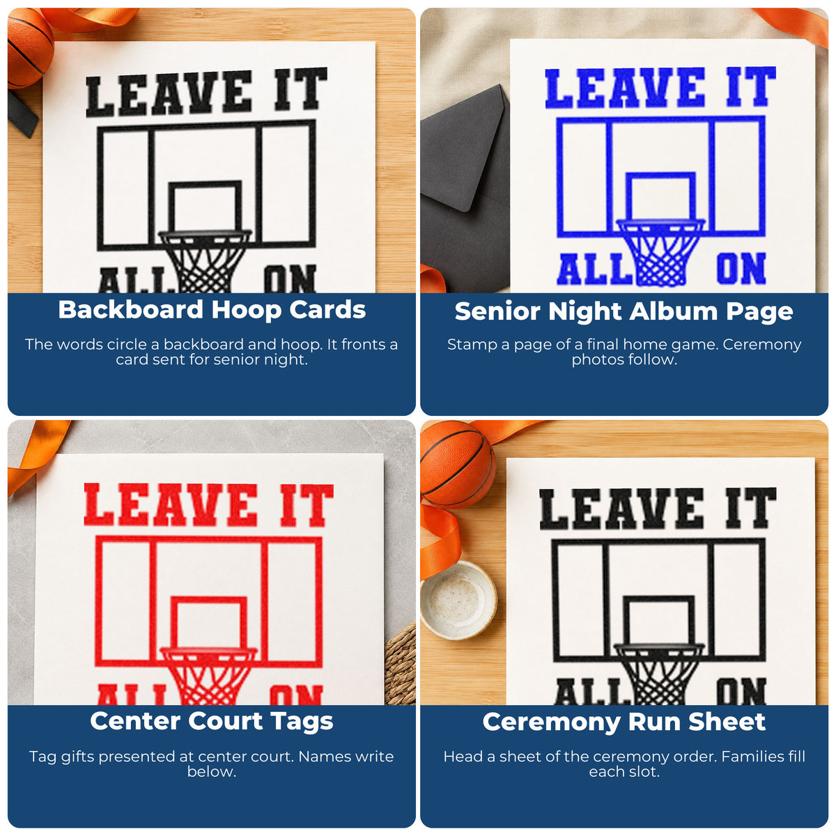 Four ways to use the Leave All On Court Pre-Inked Stamp – Slim: backboard hoop cards, senior night album page, center court tags and ceremony run sheet.
