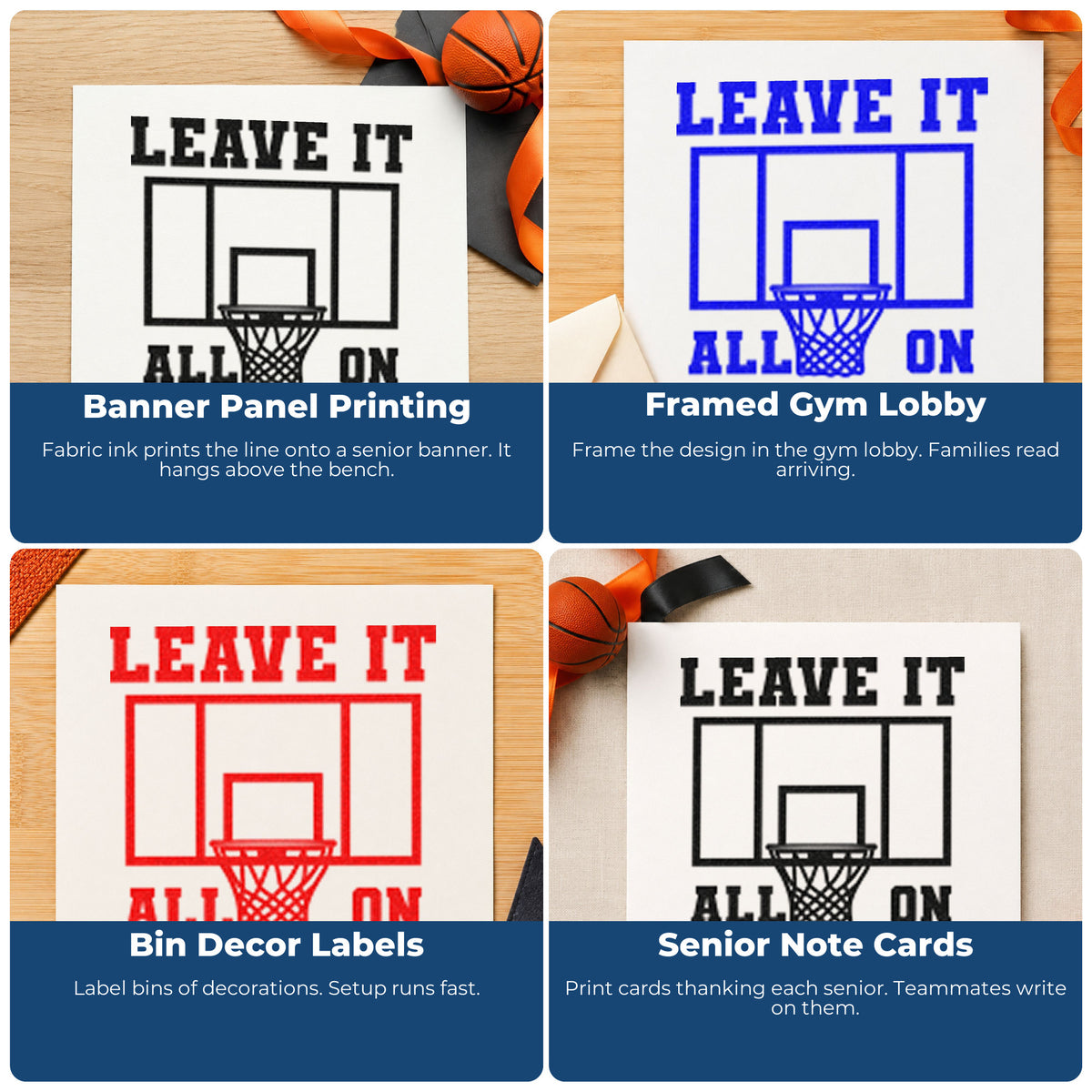Four ways to use the Leave All On Court Rubber Stamp – Wood Handle: banner panel printing, framed gym lobby, bin decor labels and senior note cards.