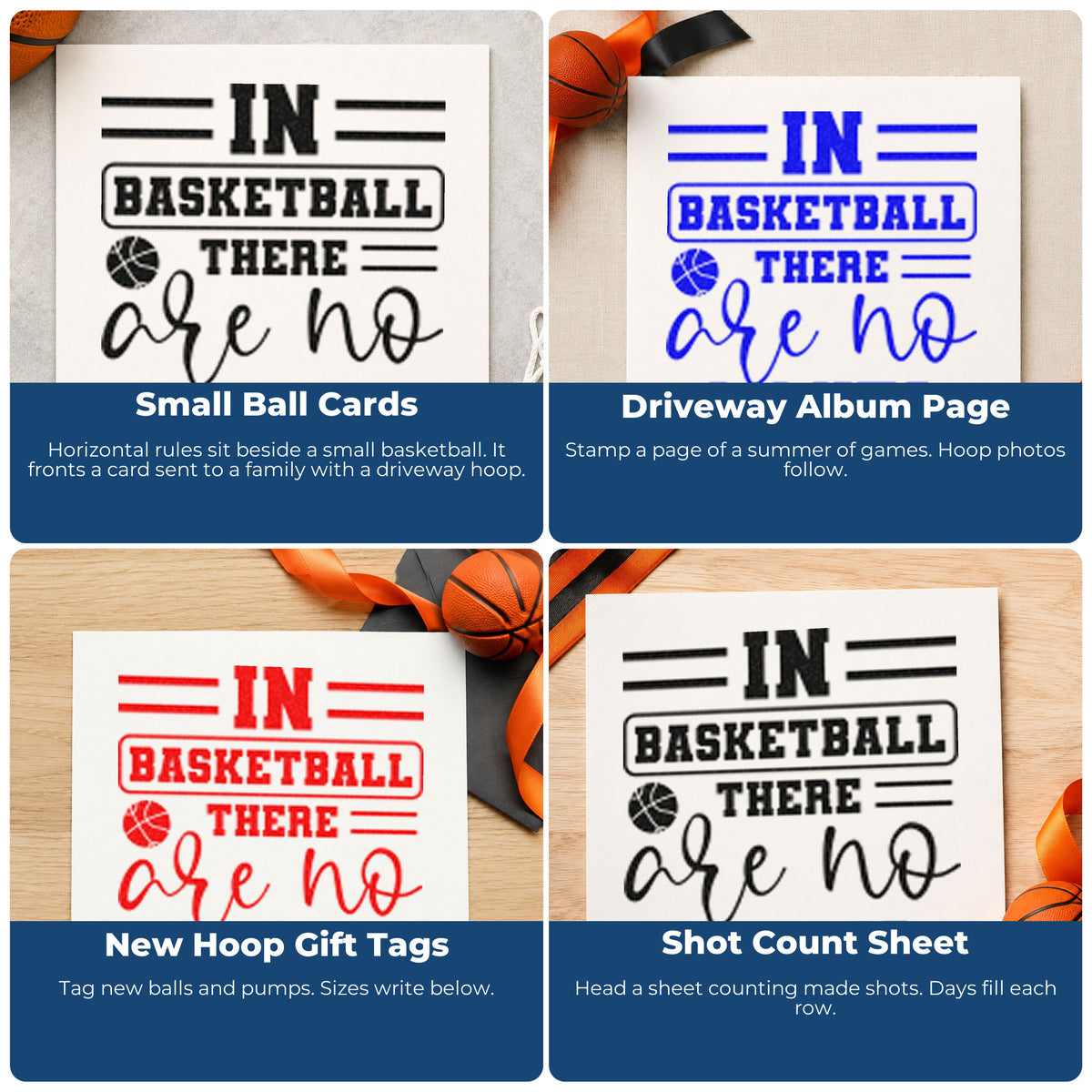 Four ways to use the In Basketball There Are No Limits PSI Pre-Inked Stamp: small ball cards, driveway album page, new hoop gift tags and shot count sheet.