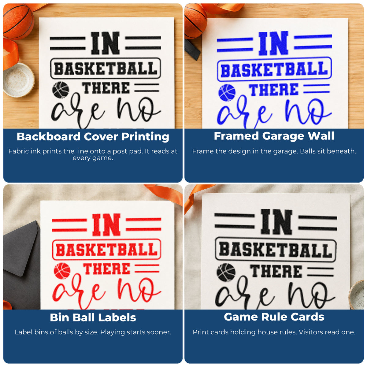 Four ways to use the In Basketball There Are No Limits Self-Inking Stamp: backboard cover printing, framed garage wall, bin ball labels and game rule cards.
